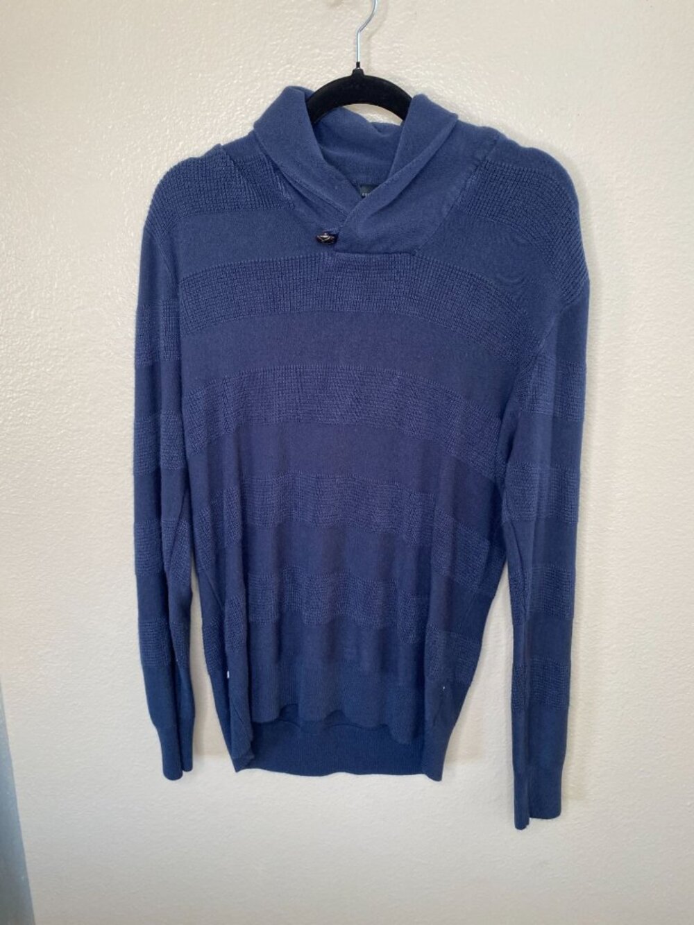 Geoffrey Beene Mens Midnight Blue Striped Knit Sweater Shawl Collar Button L